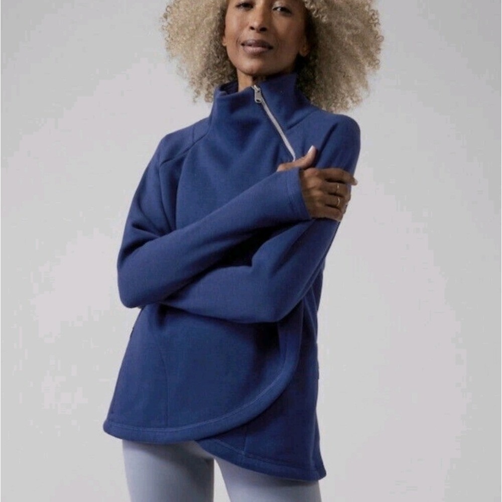 Athleta Cozy Karma Navy Blue Funnel Neck Asymmetrical Pullover Sweatshirt Medium